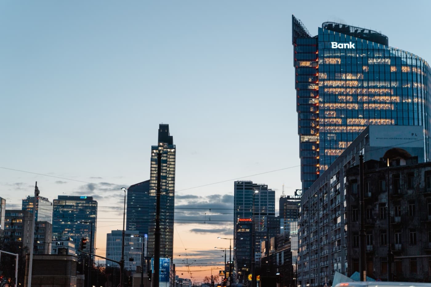 City skyline with financial buildings at dusk