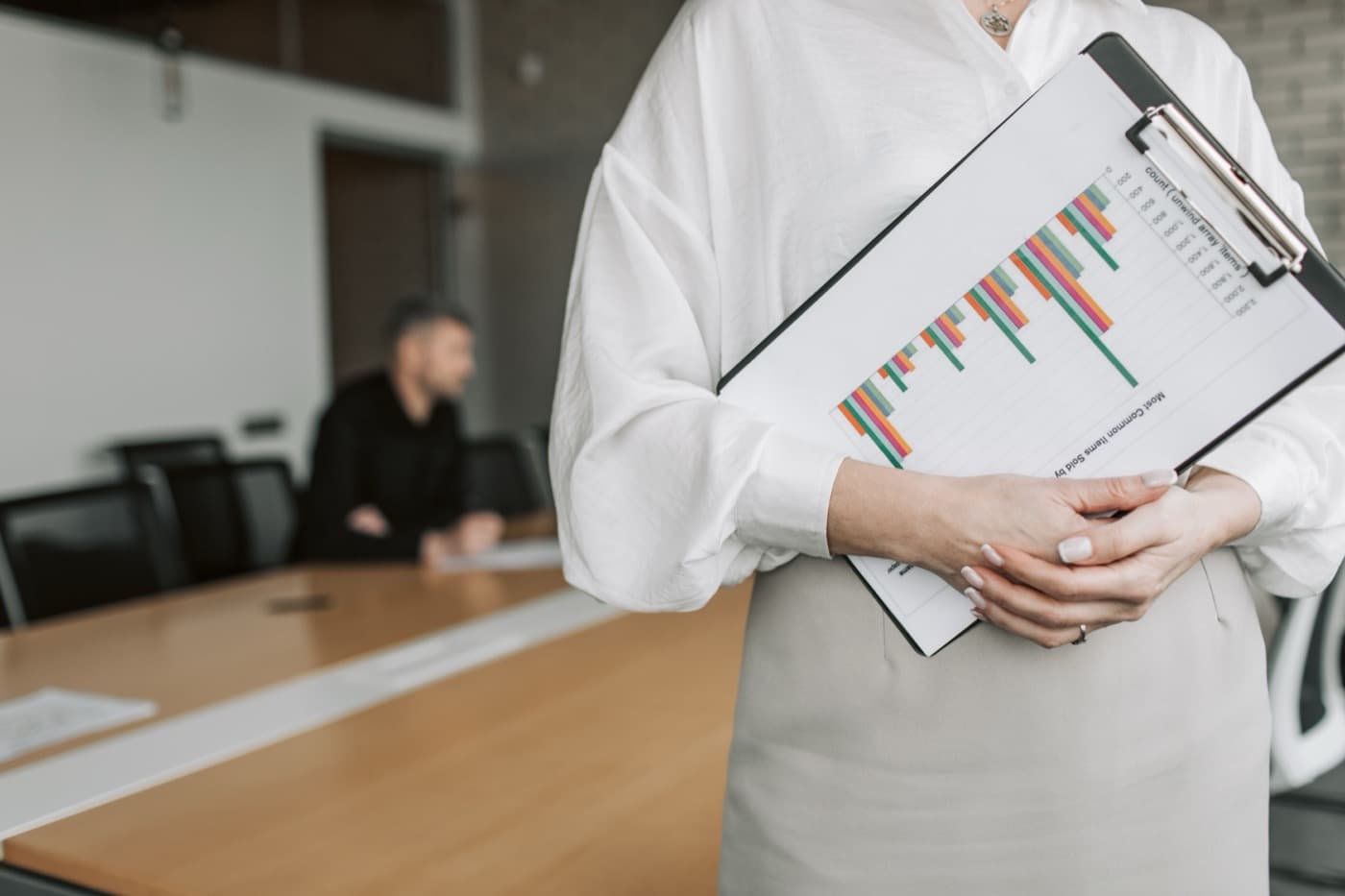 Clipboard with charts in a business meeting
